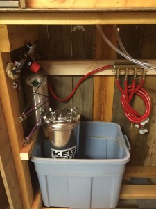 Back shot of bar showing fitment of all components - CO2, air distributor, keg