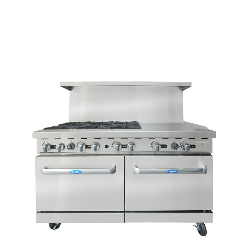 60-in Gas Range w/ 6 32,000 BTU Burners; 24-in Griddle (R); 2 26-1/2-in Wide Ovens; 4 Oven Racks (Ca