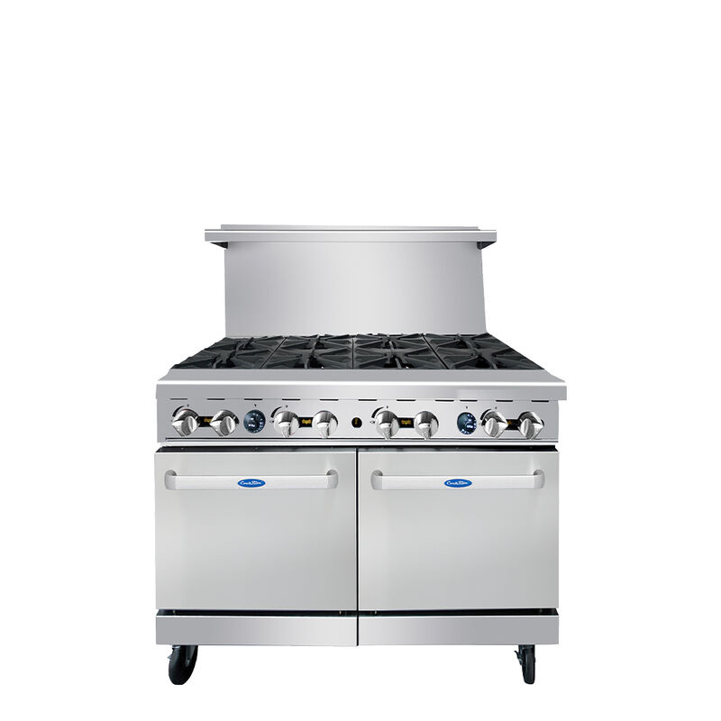 48-in Gas Range w/ 8 32,000 BTU Burners; 2 20-in Wide Ovens; 4 Oven Racks (Casters Included)
