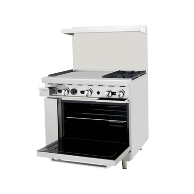 36" Range 2 32,000 BTU Burners, 24-in Griddle (L); 26-1/2" Wide Oven; 2 Oven Racks (w/ Casters) (Alternate View 2)