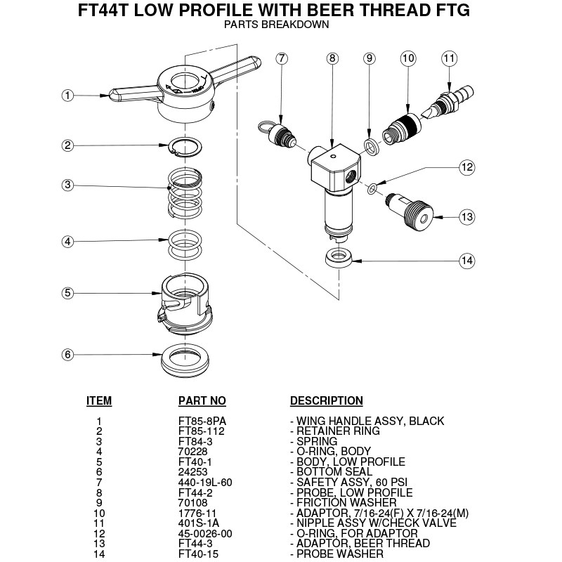 FT44T - Taprite Low Profile D System Keg Coupler Replacement Parts